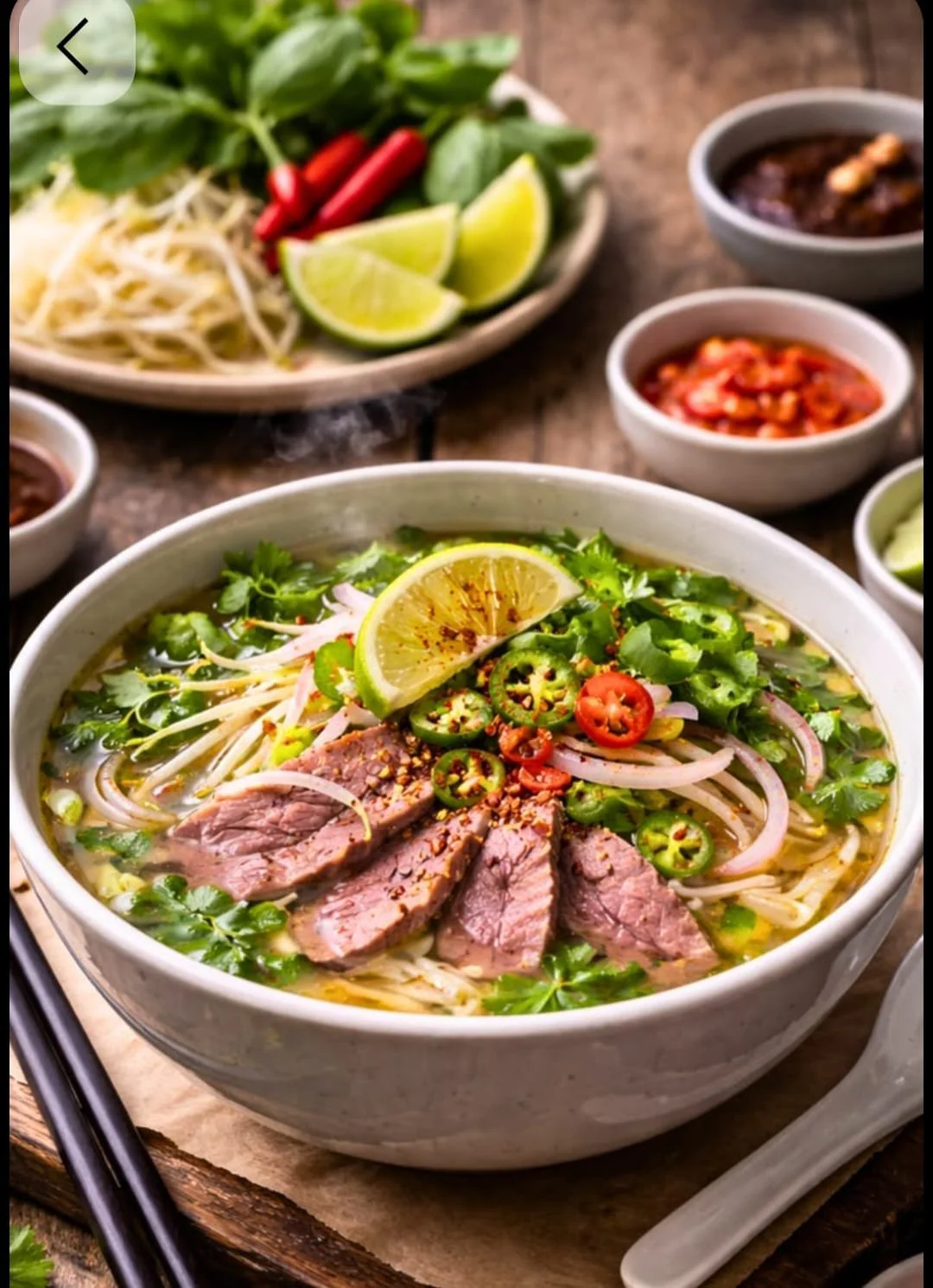 Schüssel mit vietnamesischer Rindfleisch-Nudelsuppe mit Limette, Chili, Koriander und Zwiebeln, im Hintergrund eine Platte mit Limetten, Kohlblättern, Chili, Frühlingsrollen, Soßen und Kräutern.