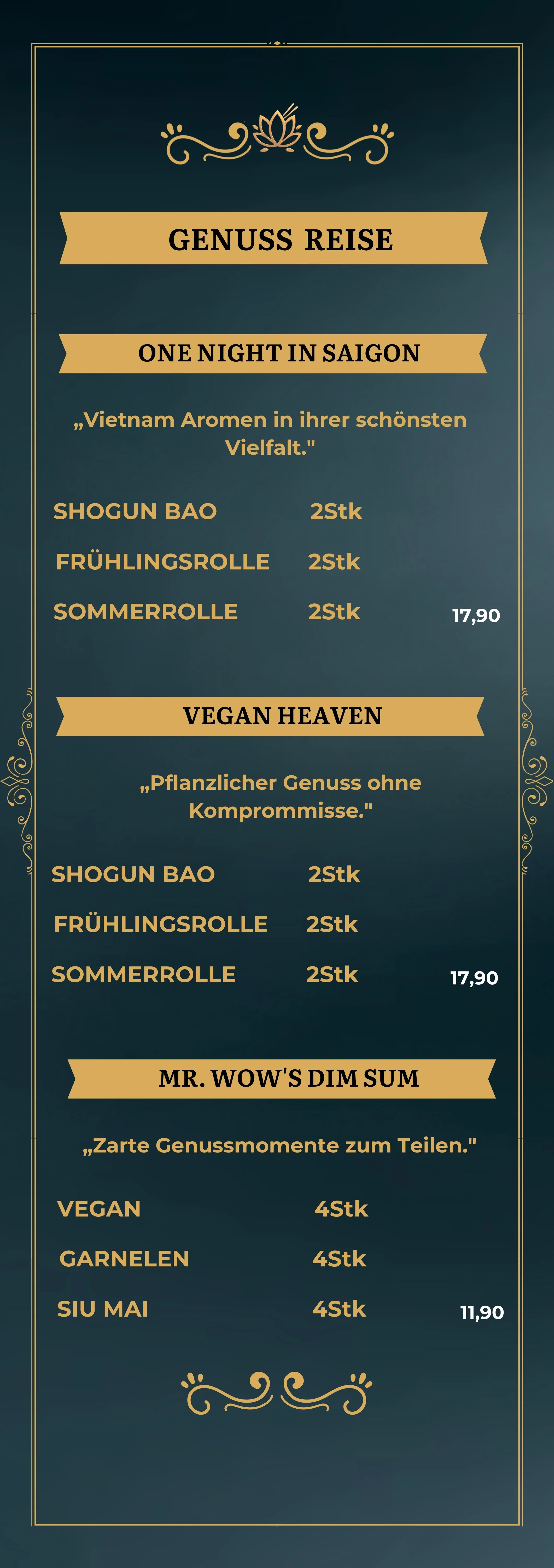 Menükarte mit Gerichten wie Vietnam-Reise, Vegan Heaven und Mr. Wow's Dim Sum mit Preisen, Aufteilung in Kategorien, goldene Verzierungen auf dunkelbligem Hintergrund.