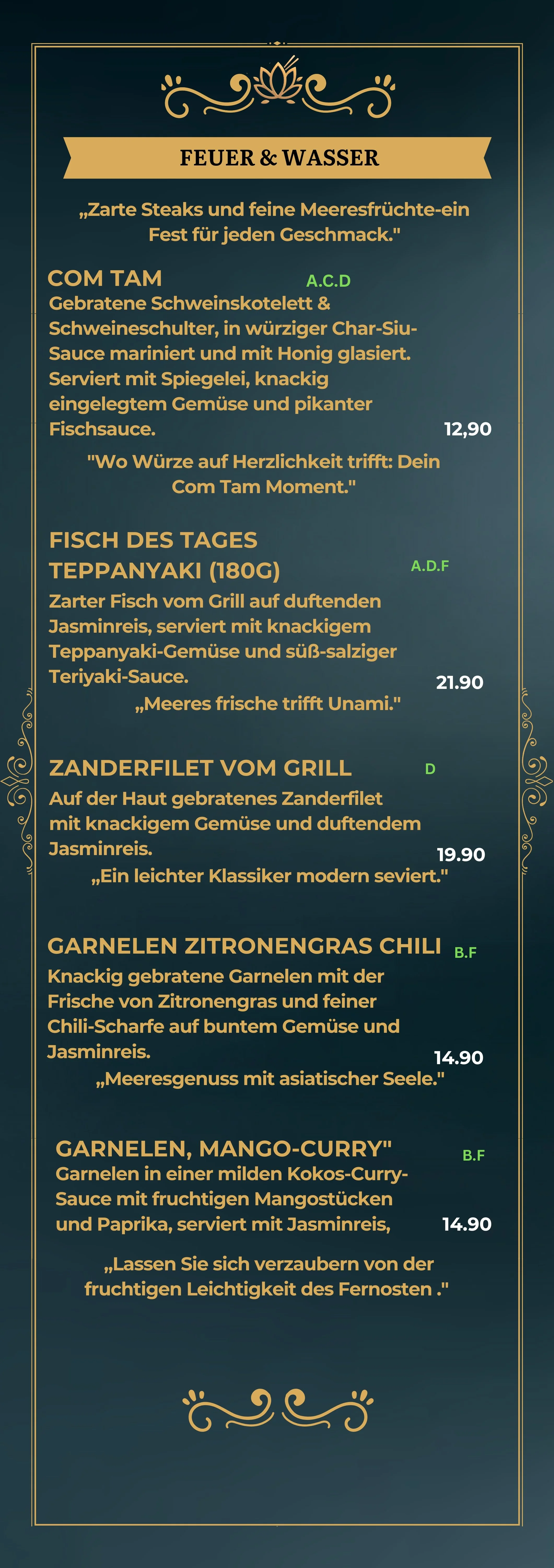 Menü mit verschiedenen Fischgerichten, darunter Schweineschulter, Tagesfisch Teppanyaki, Zanderfilet, Garnelen Zitronengras Chili und Garnelen Mango Curry, auf dunkelblauem Hintergrund.
