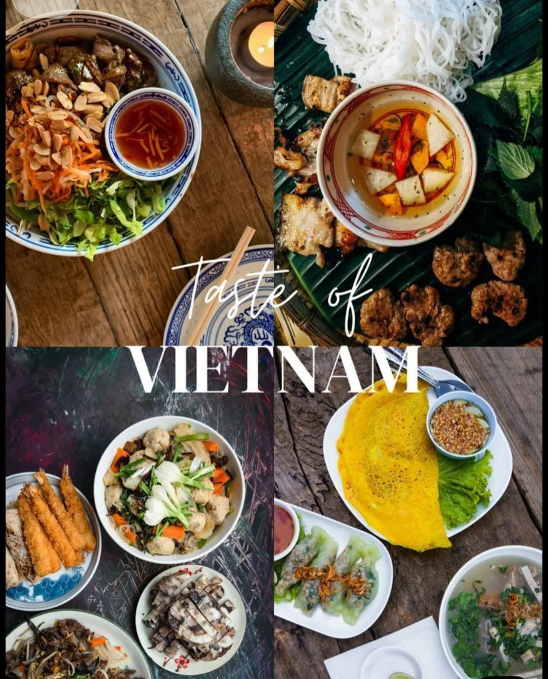 Verschiedene vietnamesische Gerichte, darunter Pho mit Reisnudeln, Sommerrollen, gegrillter Fisch, Gemüse, Fleischbällchen und ein gelbes Omelett, auf Holz- und Steintischen.