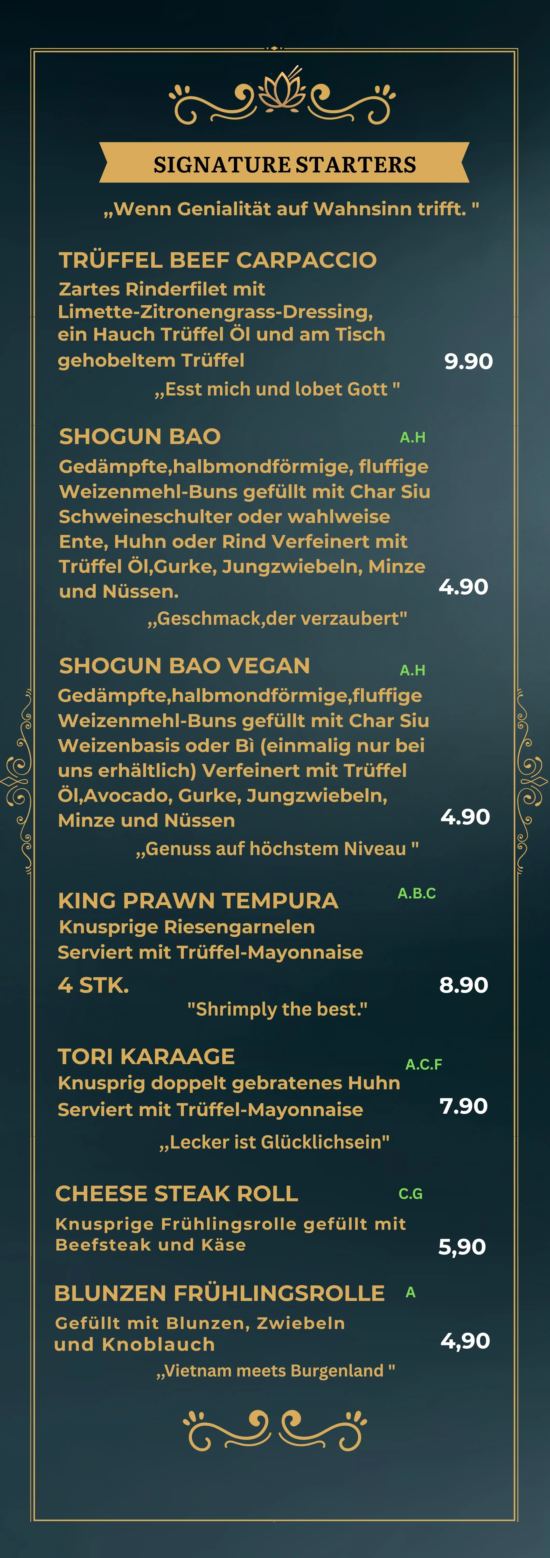 Speisekarte mit verschiedenen Vorspeisen, darunter Trüffel Beef Carpaccio, Shogun Bao, veganer Shogun Bao, King Prawn Tempura, Tori Karaoke, Cheese Steak Roll, Blunzen Frühlingsrolle, sowie Preise und kurze Beschreibungen.