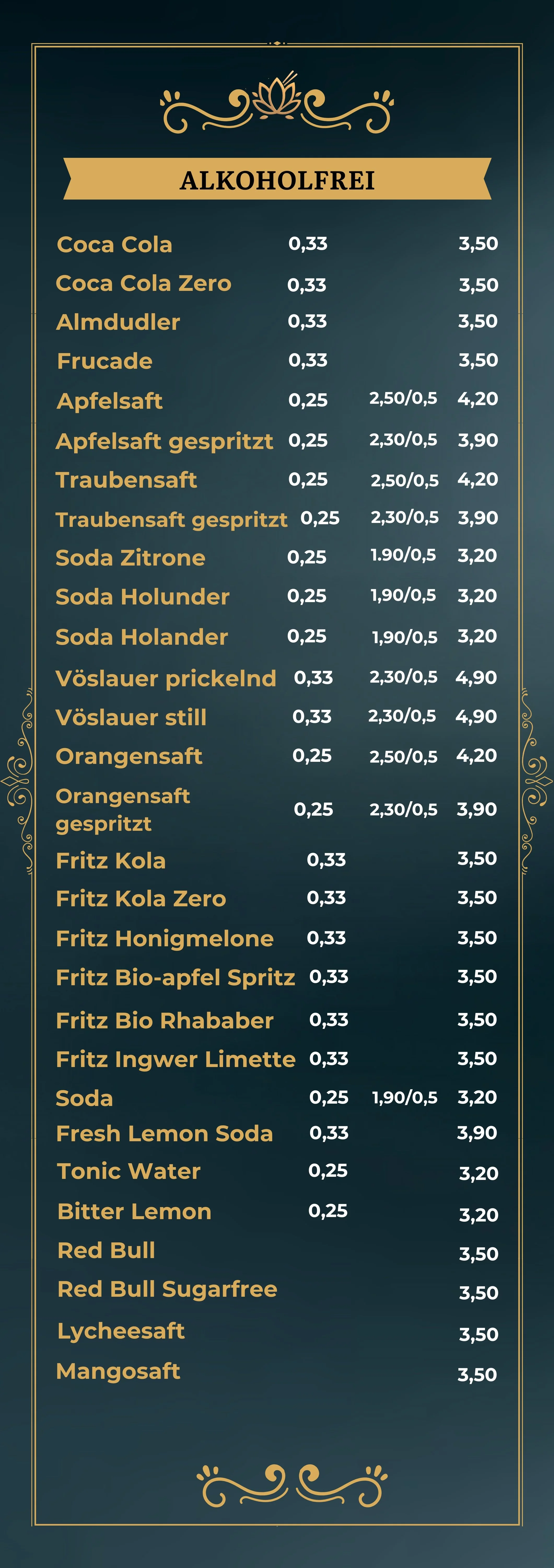 Preisliste für alkoholfreie Getränke mit verschiedenen Softdrinks, Säften, Wasser und Sirupen, inklusive Preise in Euro.