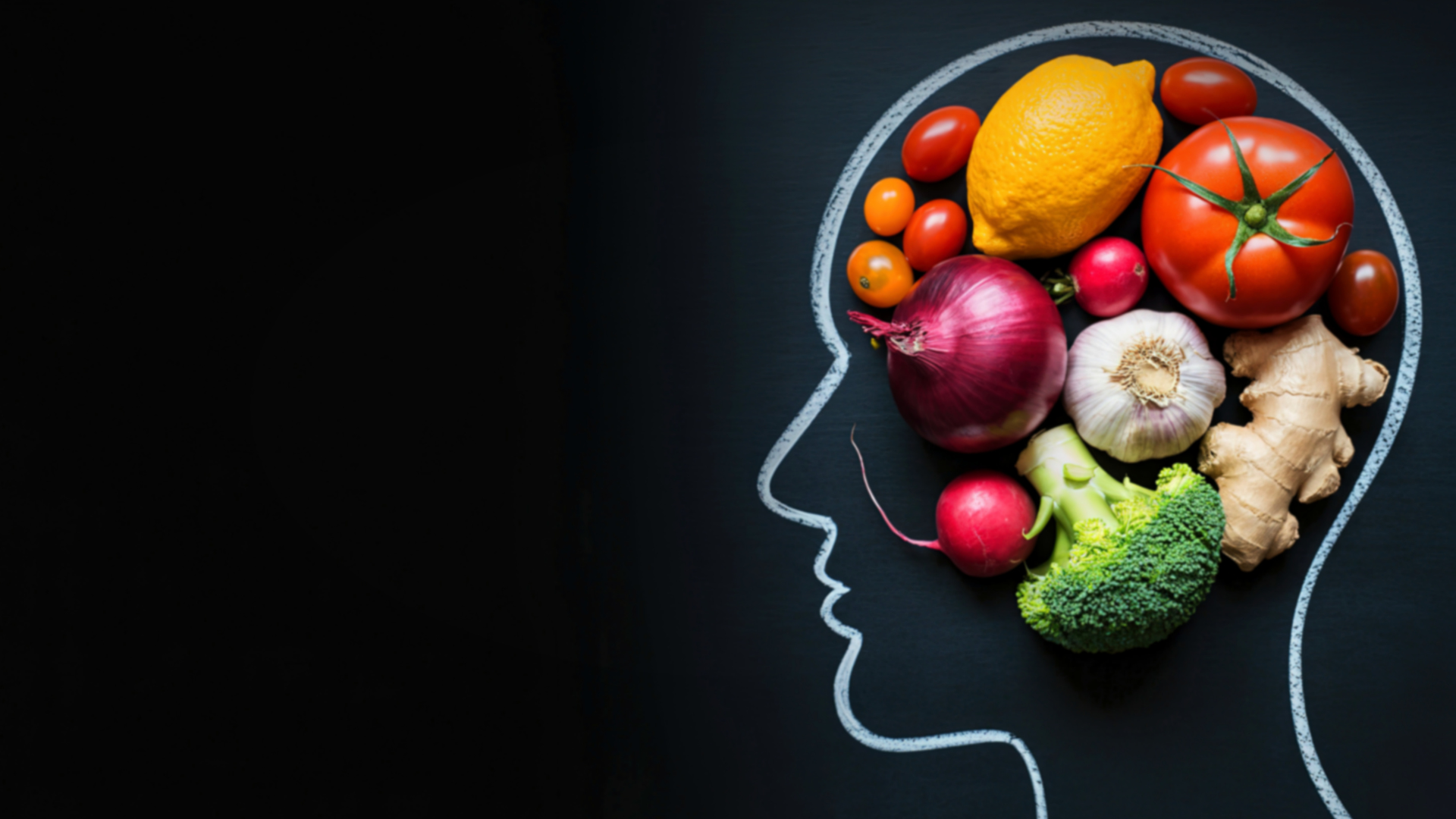 a chalk outline of the human brain filled with different foods.