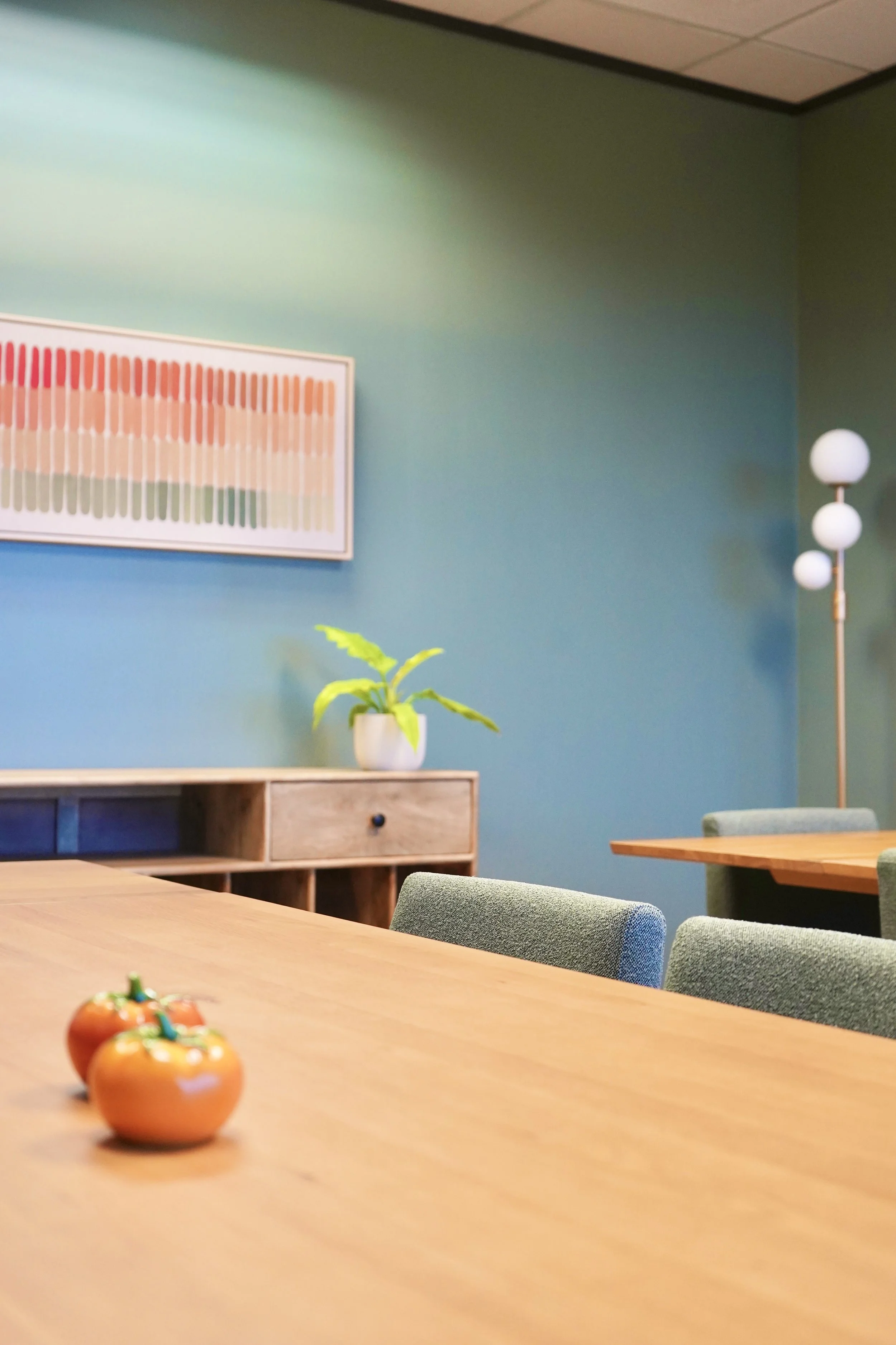 Our dedicated dining room features floor to ceiling views of the Northwest Austin hillside.