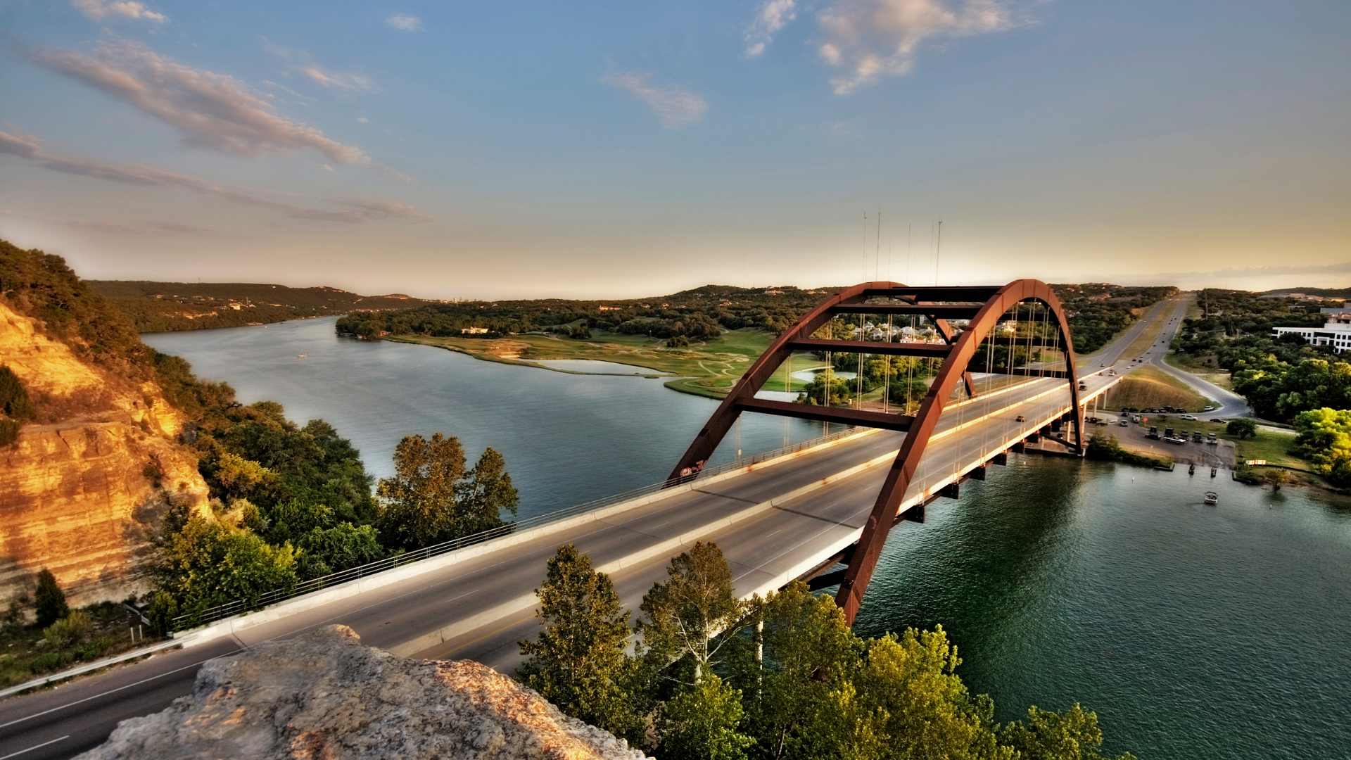 an aerial image of the 360 bridge in Austin, Texas.