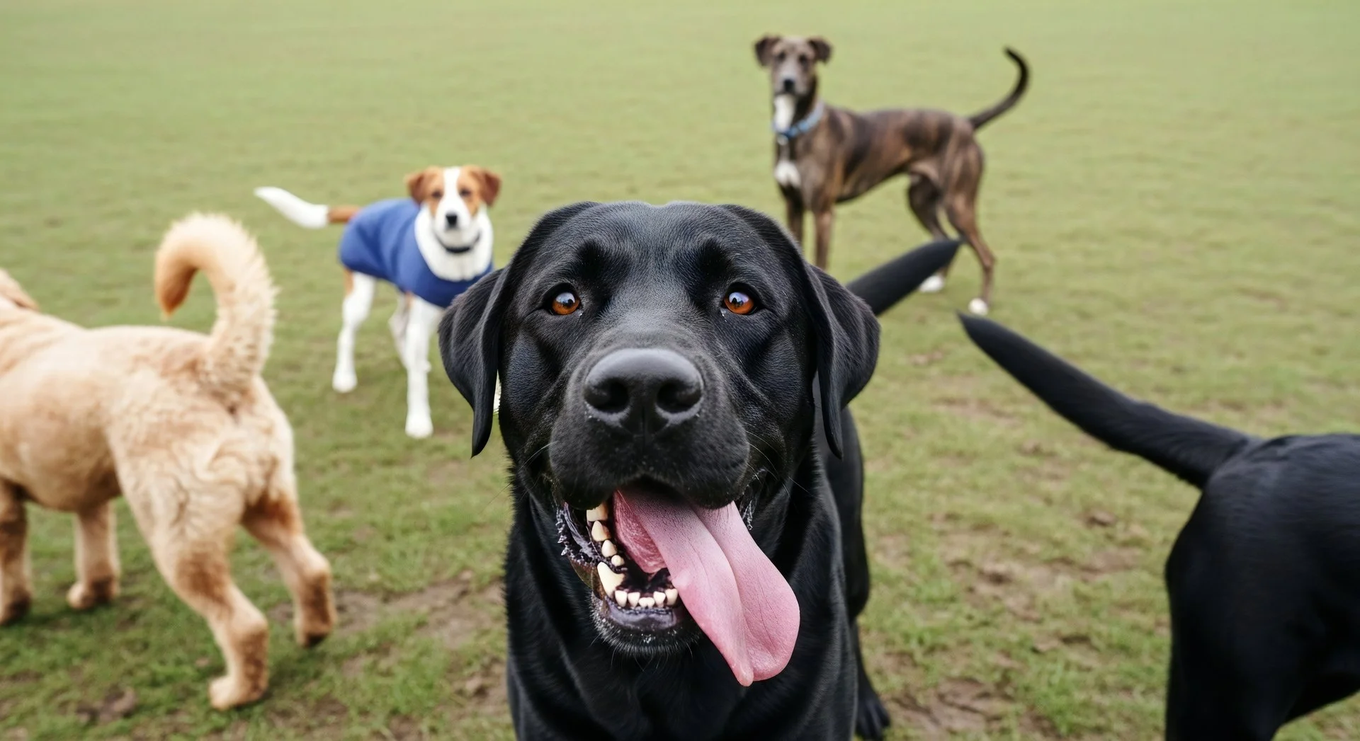 Happy black Labrador retriever with tongue out in a dog park, with other dogs in the background on grassy field.