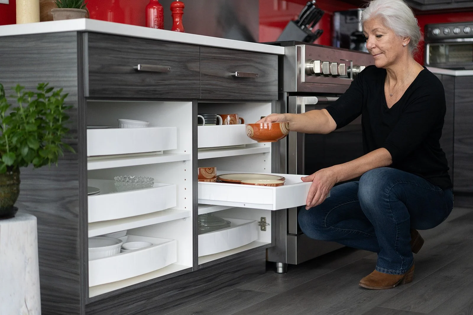 Rollout drawer installed in a kitchen cabinet for easy access storage