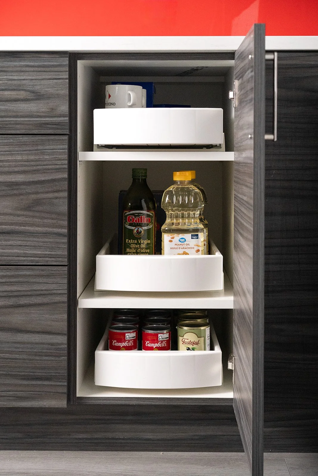 Vertical rollout drawer cabinet organizing pantry food items