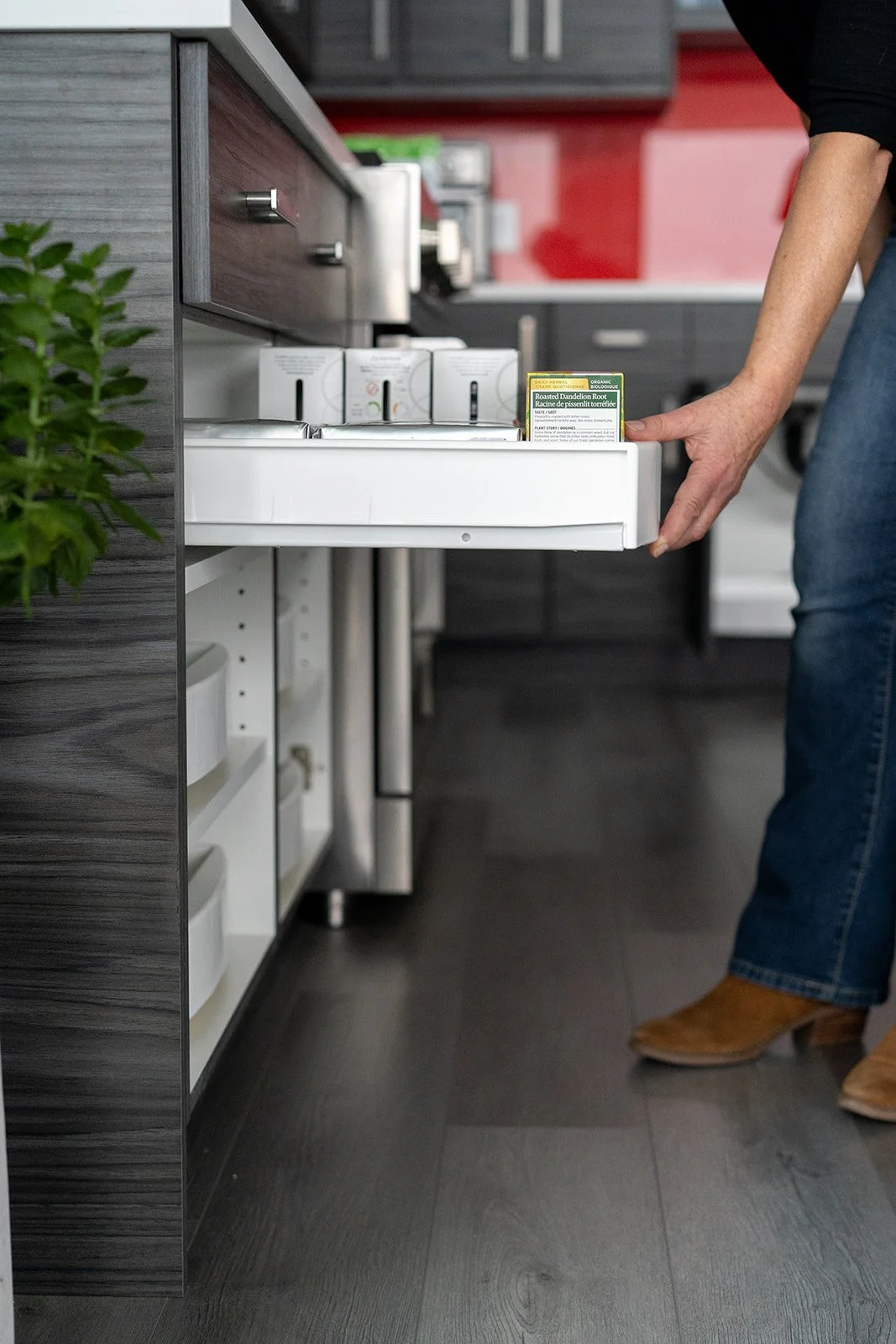 Rollout drawer pulled out from kitchen cabinet showing organized storage