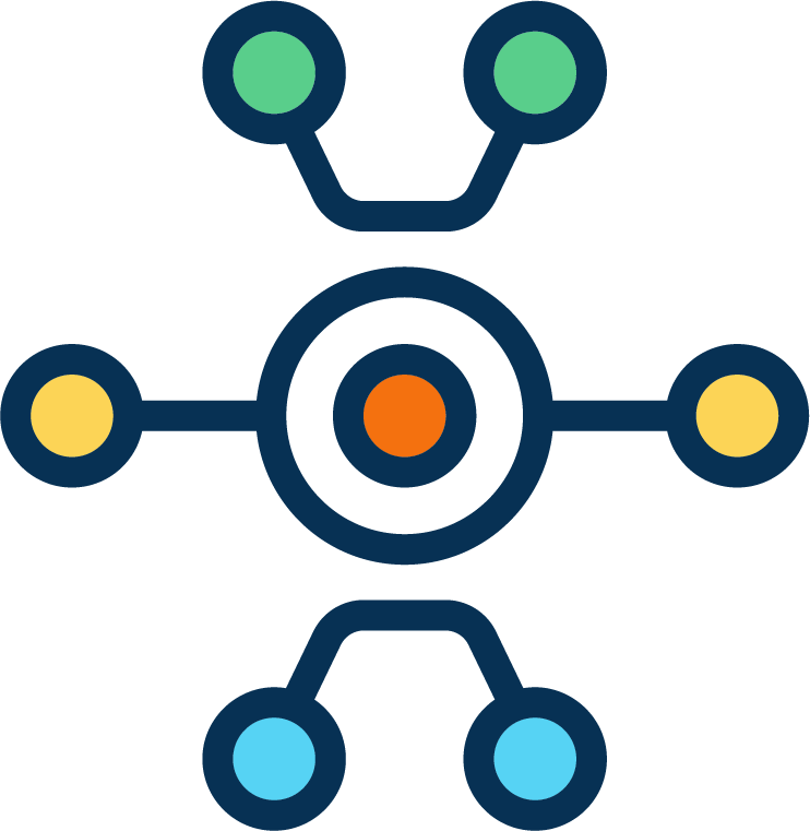 A digital illustration of a network with a central orange node connected to six surrounding nodes in green, yellow, and blue, representing a connected system or network.