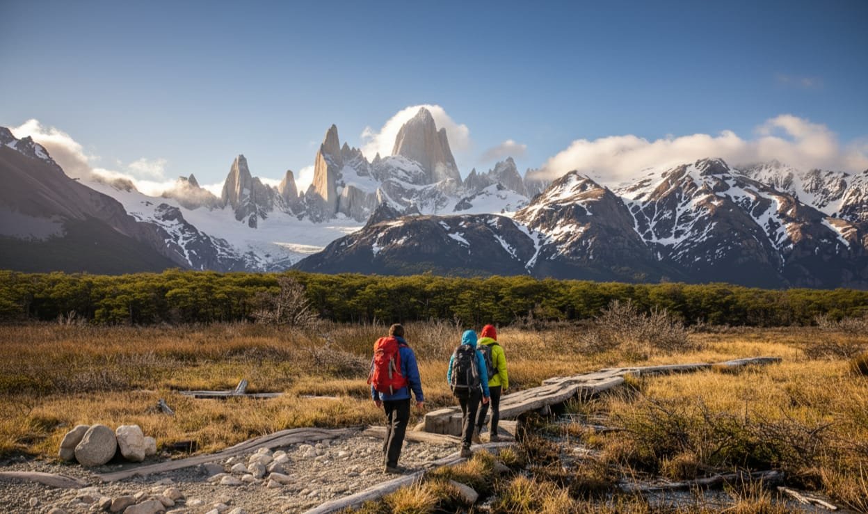 Three hikers walking along a trail in a mountainous landscape with snow-capped peaks and a forest in the background.