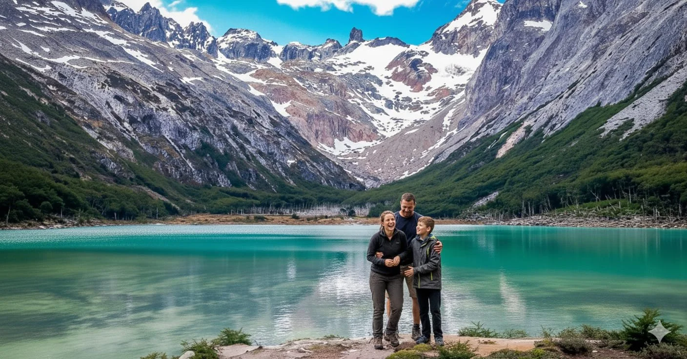 A family of three standing together by a lake surrounded by mountains with snow, green forests, and rocky peaks in the background, smiling and enjoying a scenic outdoor moment.