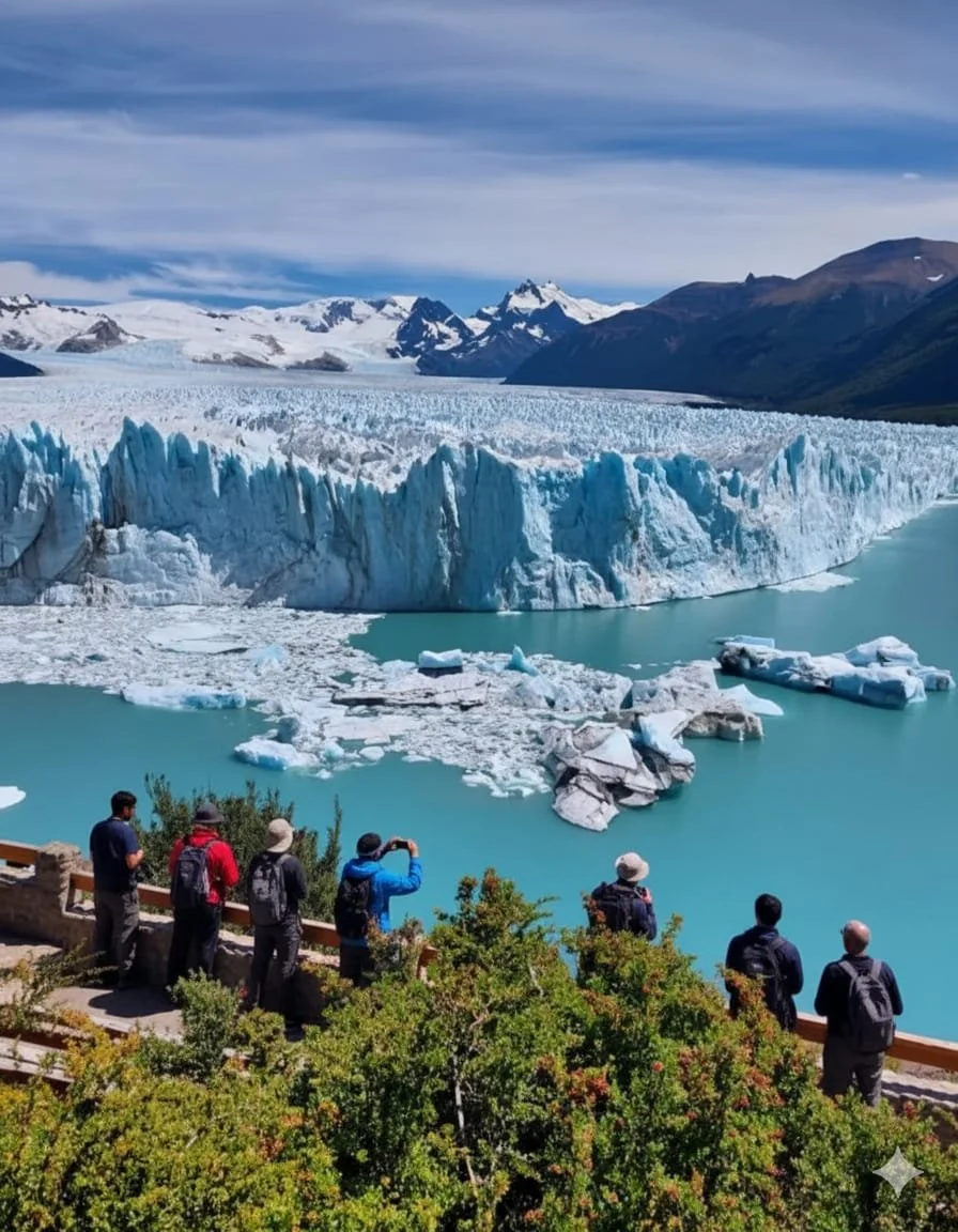 Tourists observing and taking photos of a glacier with ice chunks floating in a body of water, surrounded by mountainous terrain.