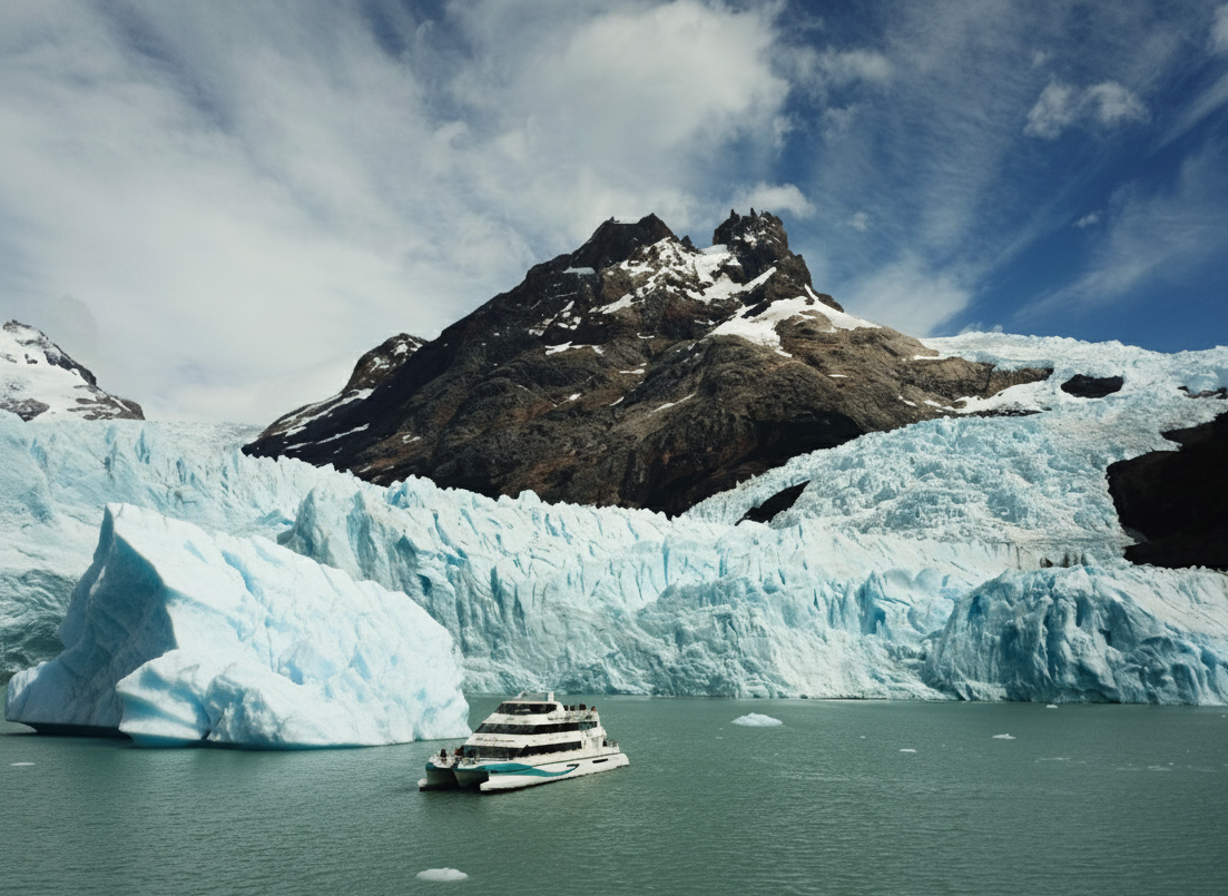 A boat floating near a large iceberg in icy waters with a mountain in the background and partly cloudy sky above.