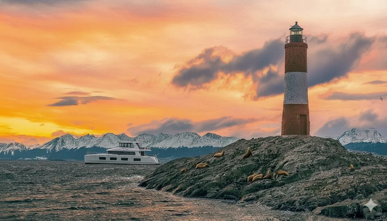 Lighthouse on rocky shore with seals resting, a yacht in water, snow-capped mountains in background, and a colorful sunset sky.