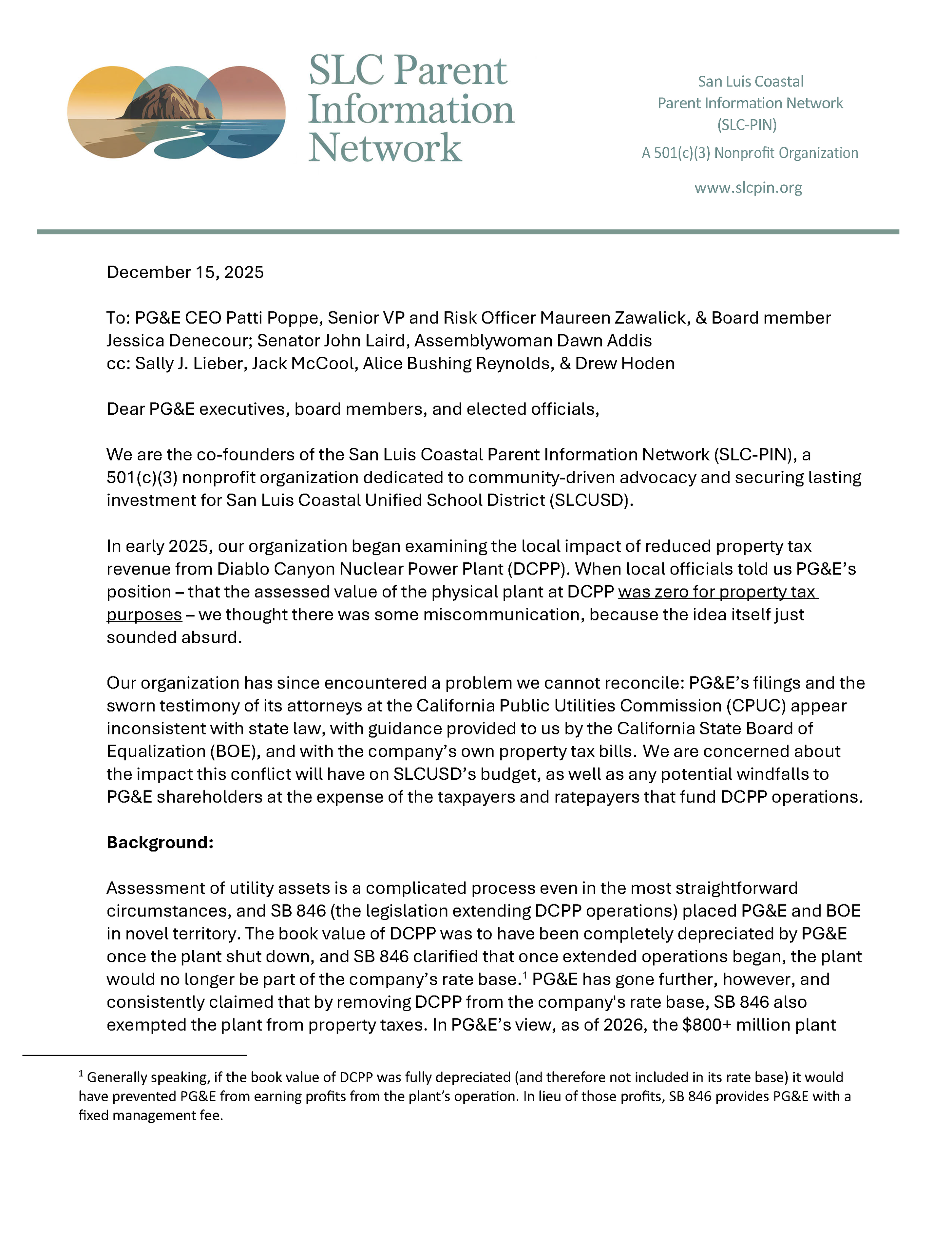 Read SLC-PIN’s December 2025 letter to DCPP stakeholders re: PG&amp;E’s property tax obligations.
