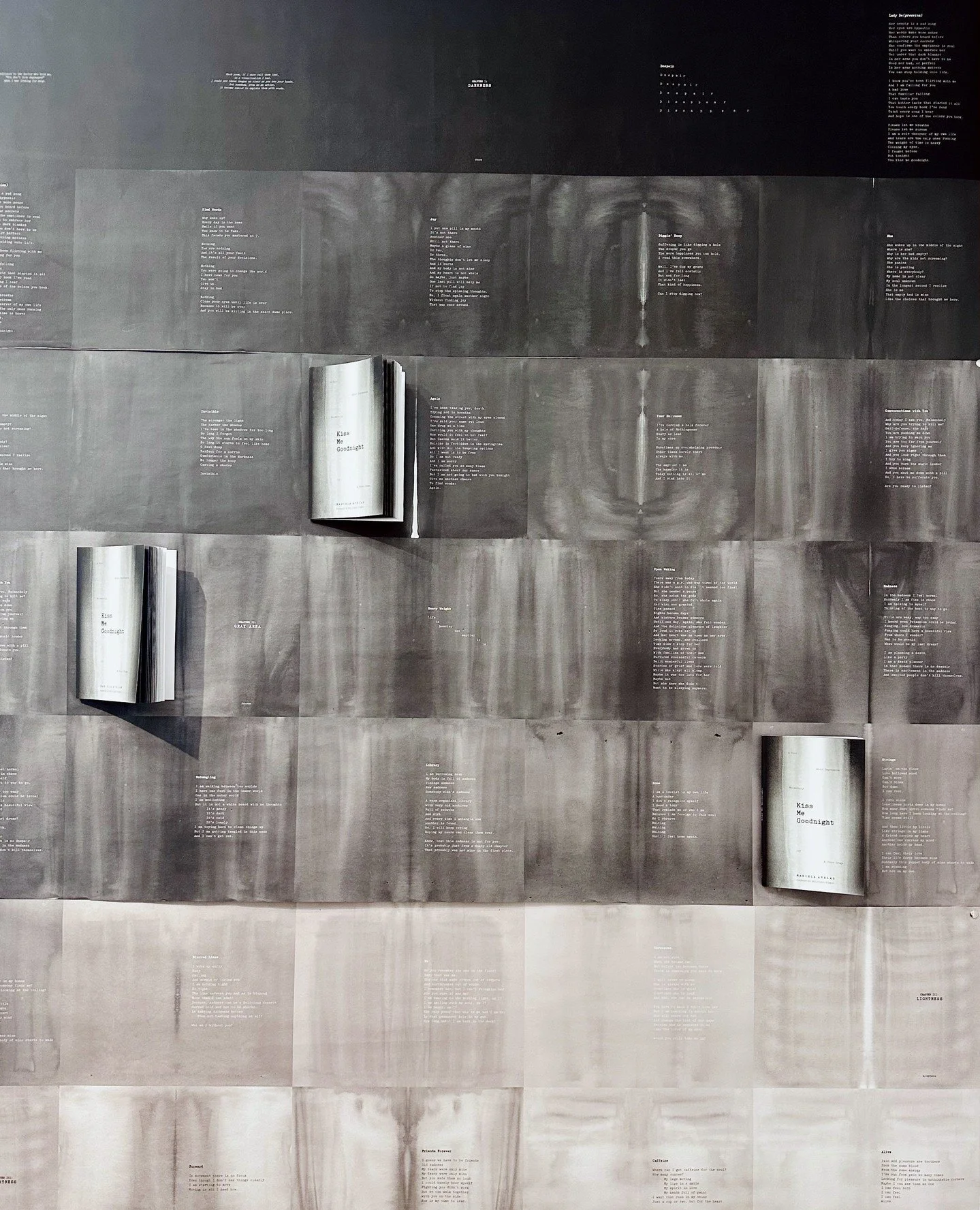 Wall of Poetry, 2025 at @334broome. Watercolor backgrounds, the tone goes lighter, page by page, illustrating the cycle of depression and path of healing.⁠ Photo by @emilyhartnyc⁠
-⁠
#kissmegoodnight #kissmegoodnightpoetry #poetry #spokenwordpoetry #