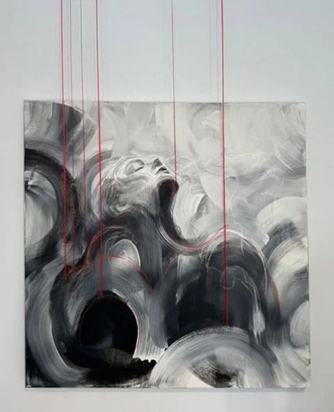 Strings, 2025. Acrylic, pastels and red thread on canvas that extends to the ceiling.⁠
⁠
"And then little by little⁠
Like strings in my limbs⁠
A friend carries my heart⁠
Another one carries my mind⁠
Another holds my hand.⁠"⁠
⁠
Excerpt from 