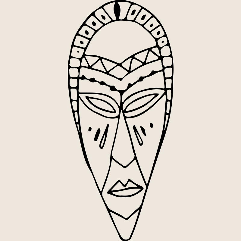Line art illustration of an abstract tribal mask with geometric patterns and sharp features.