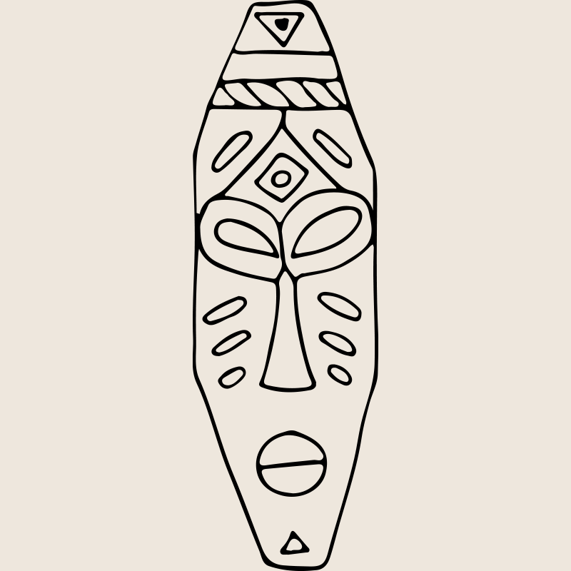 Black and white line drawing of a tribal mask with geometric patterns