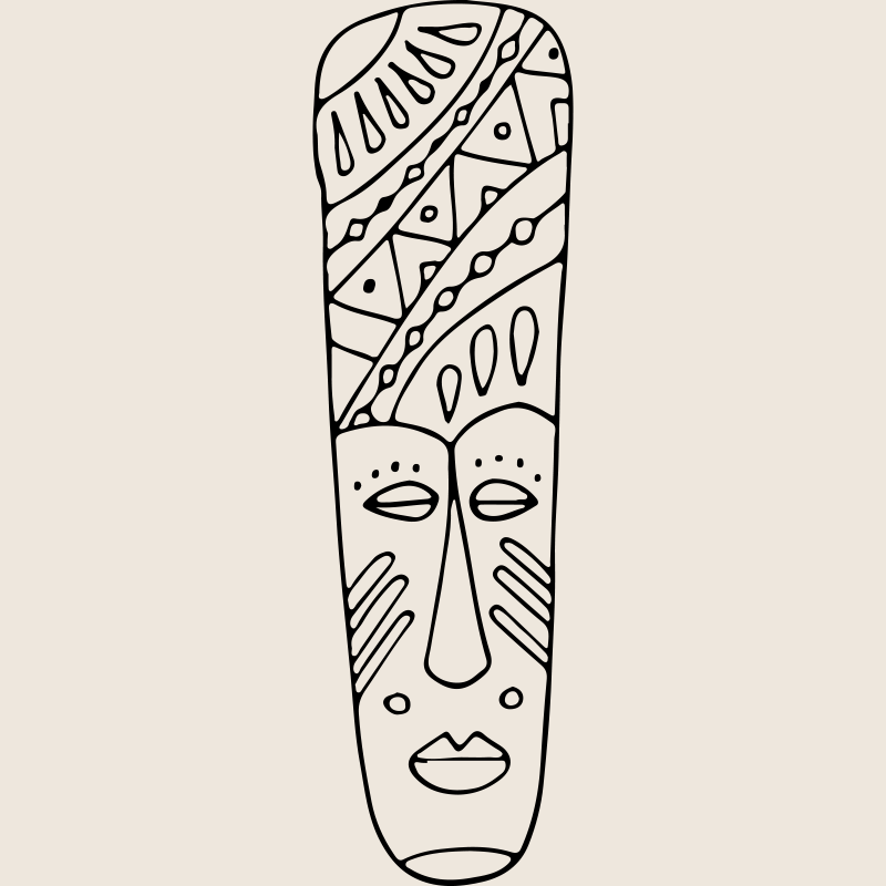 Black and white line drawing of a tribal-style face mask with decorative patterns.