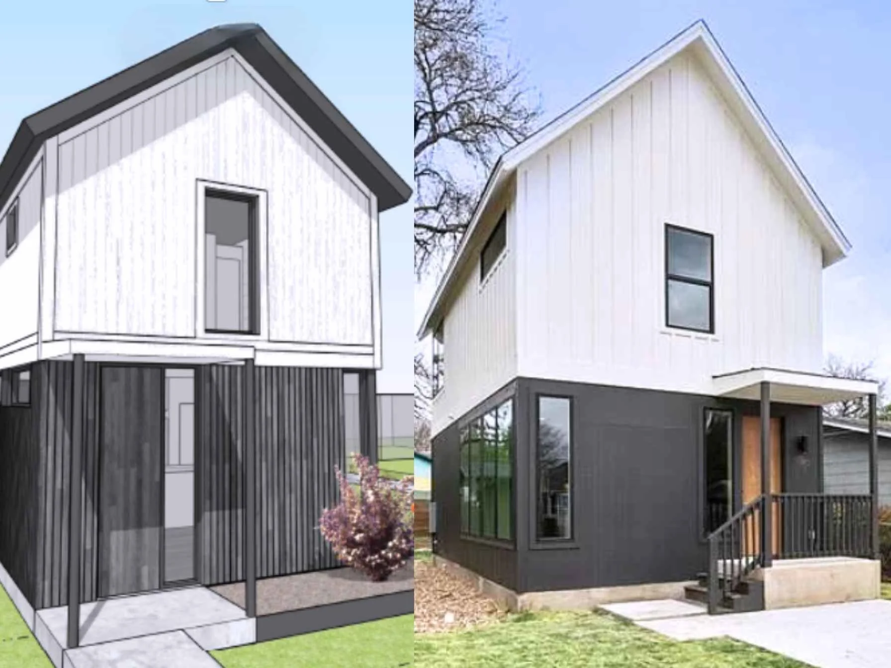 Comparison of architectural images showing a modern two-story house. The left side is a digital rendering with a black and white color scheme, while the right side is a photo of an actual house with white upper walls and dark lower walls, featuring large windows and a small front porch.
