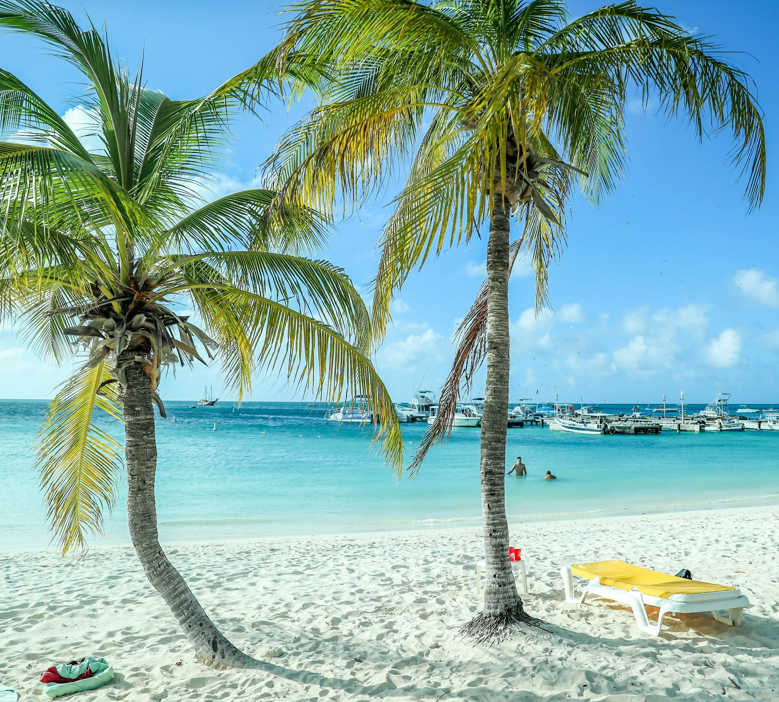 Tropical beach scene with two palm trees, a white sandy beach, and a dock with boats in the ocean, under a blue sky with some clouds. - Client reviews for Travel with Sabeen luxury travel advisory in Louisville Kentucky