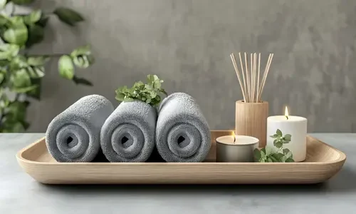 Spa-inspired tray with rolled towels, candles, and greenery, symbolizing luxury wellness and relaxation travel experiences.