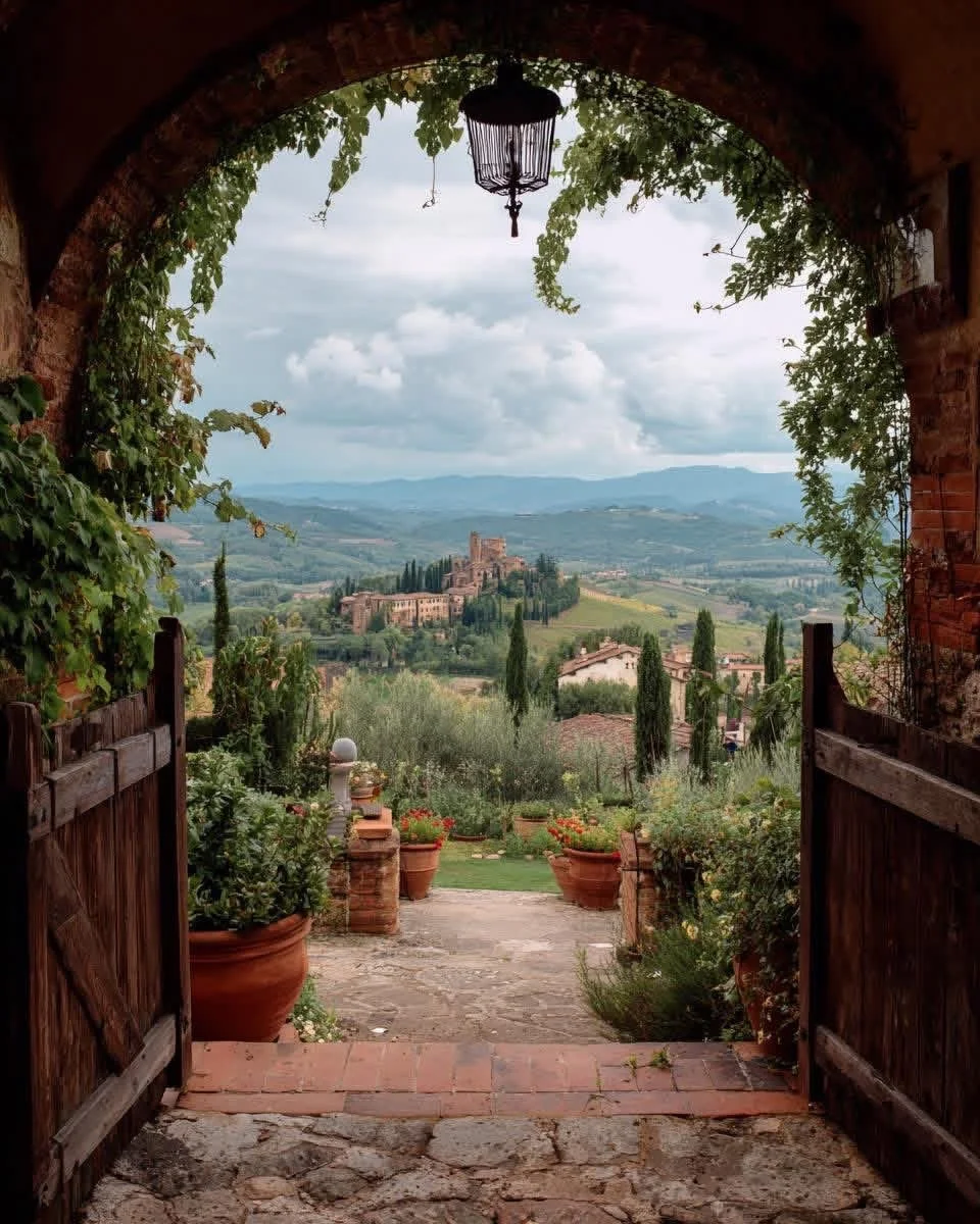 View of tuscany landscape and village on the mountains