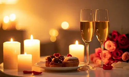 Candlelit table with champagne glasses and desserts, capturing the mood of luxury romantic and honeymoon getaways.