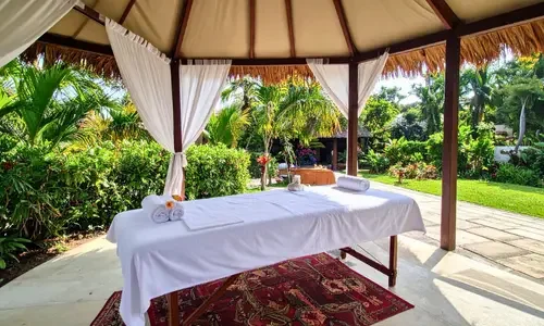 Luxury outdoor spa pavilion surrounded by tropical gardens at a high-end wellness retreat.