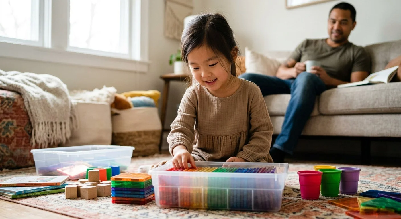 Young girl happily sorting colorful magnetic tiles by color on the living room floor while her father watches from the couch