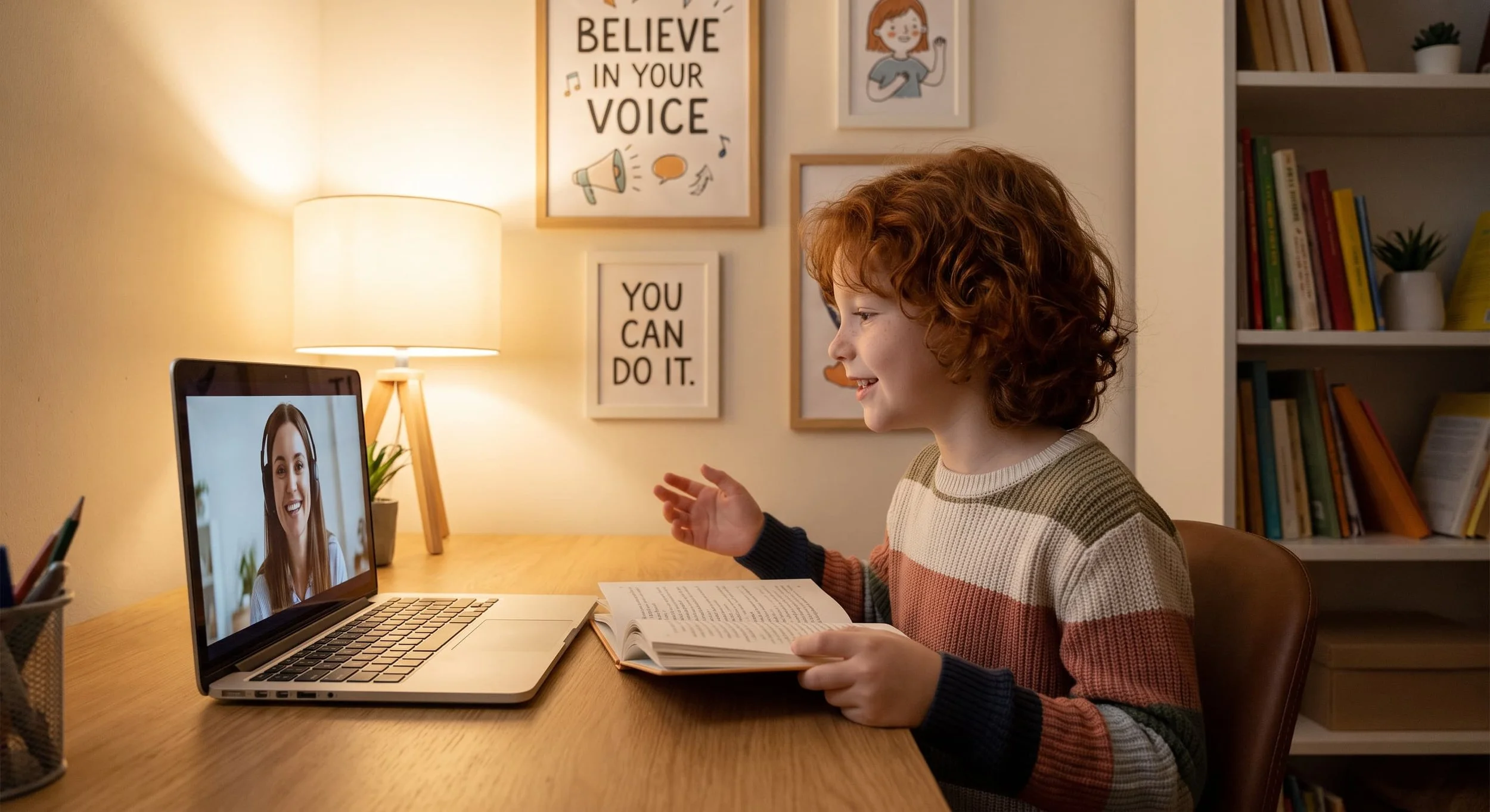 Child participating in telehealth speech therapy session with therapist via video call