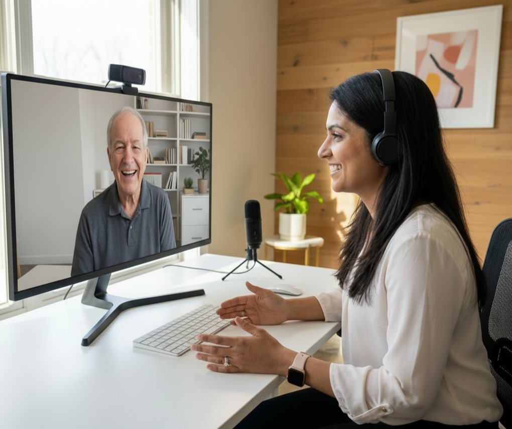 Speech-language pathologist smiling during a telehealth speech therapy session with an older adult client