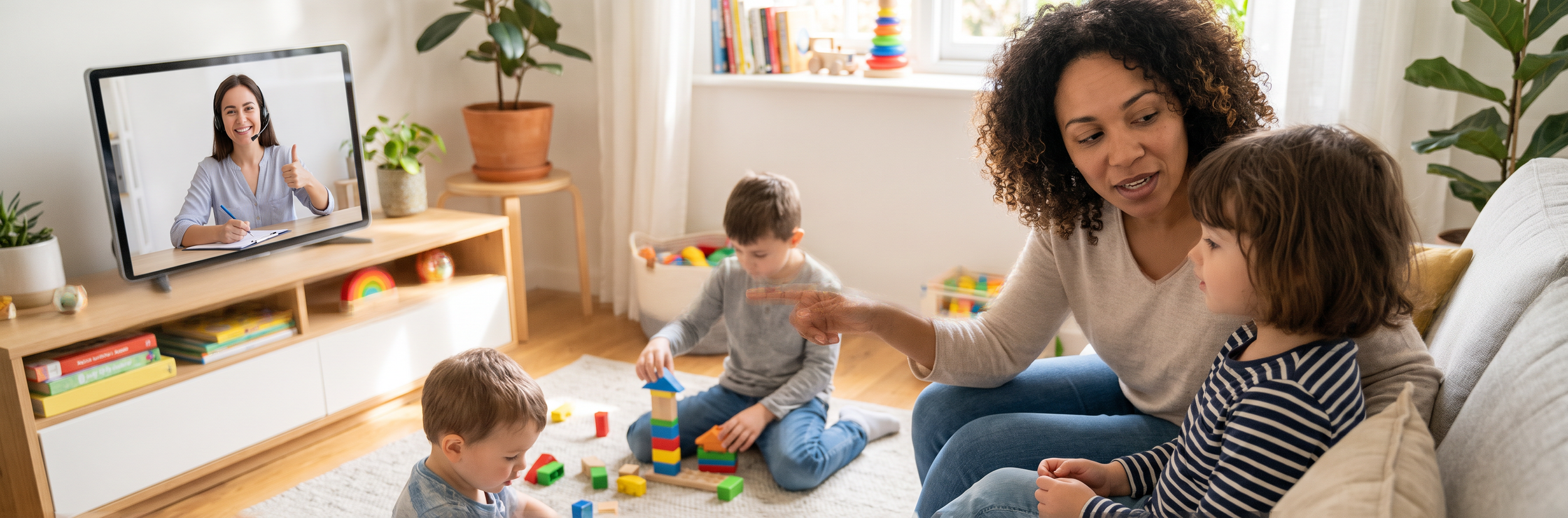 Family participating in telehealth speech therapy session with therapist during play-based language activities