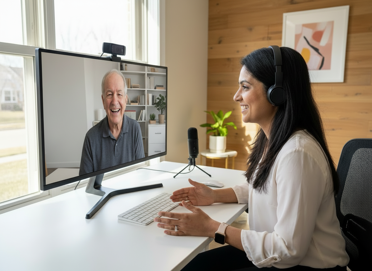 A woman wearing headphones smiling and talking to an older man on a video call; she is sitting at a desk with a computer and microphone in a home office setting.