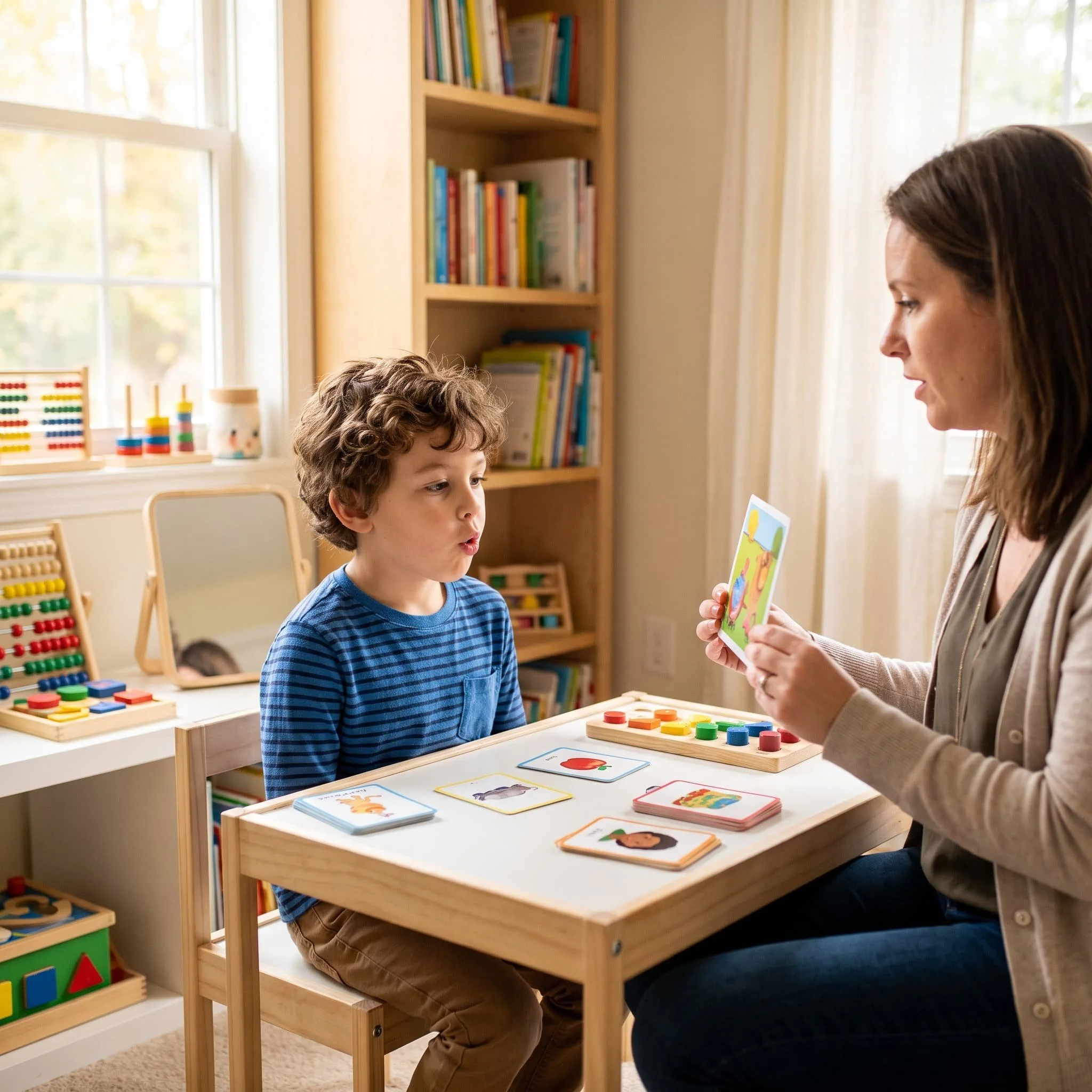 Speech therapy session with child using educational cards and visual supports for language development