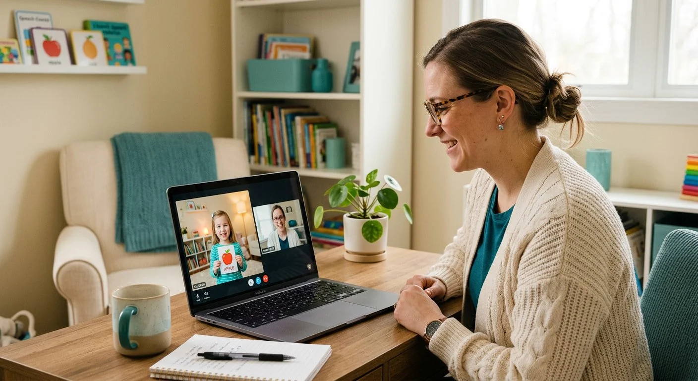 Speech-language pathologist smiling during a virtual therapy session as a young girl holds up an apple picture card