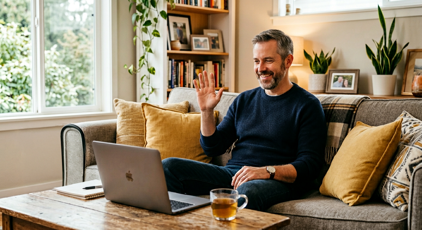 A man with gray hair and a beard smiling and waving while sitting on a gray sofa with yellow and patterned cushions, using a laptop in a cozy living room with a wooden table, a mug, and a window showing greenery outside.