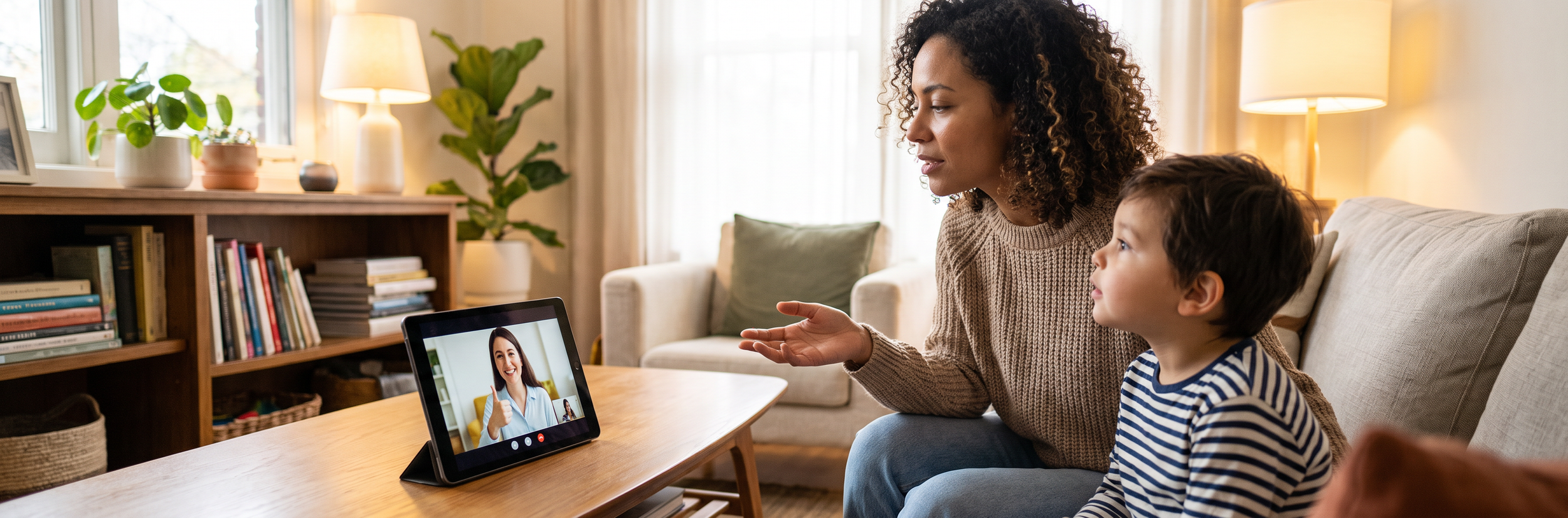 Caregiver and child celebrating progress during telehealth speech therapy session on tablet