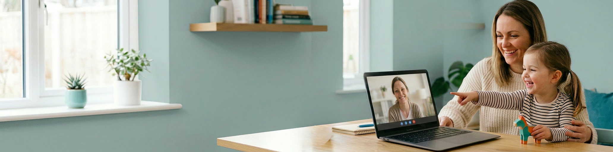 Mother and daughter smiling during a telehealth speech therapy video call