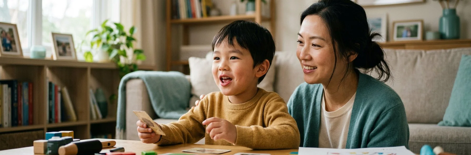 Young boy practicing speech sounds with a picture card as his mother smiles beside him at home