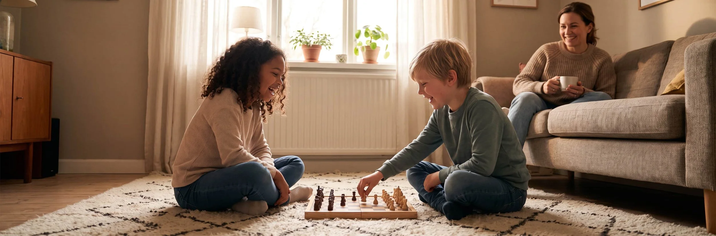 Frisco children practicing turn-taking and conversation during a board game