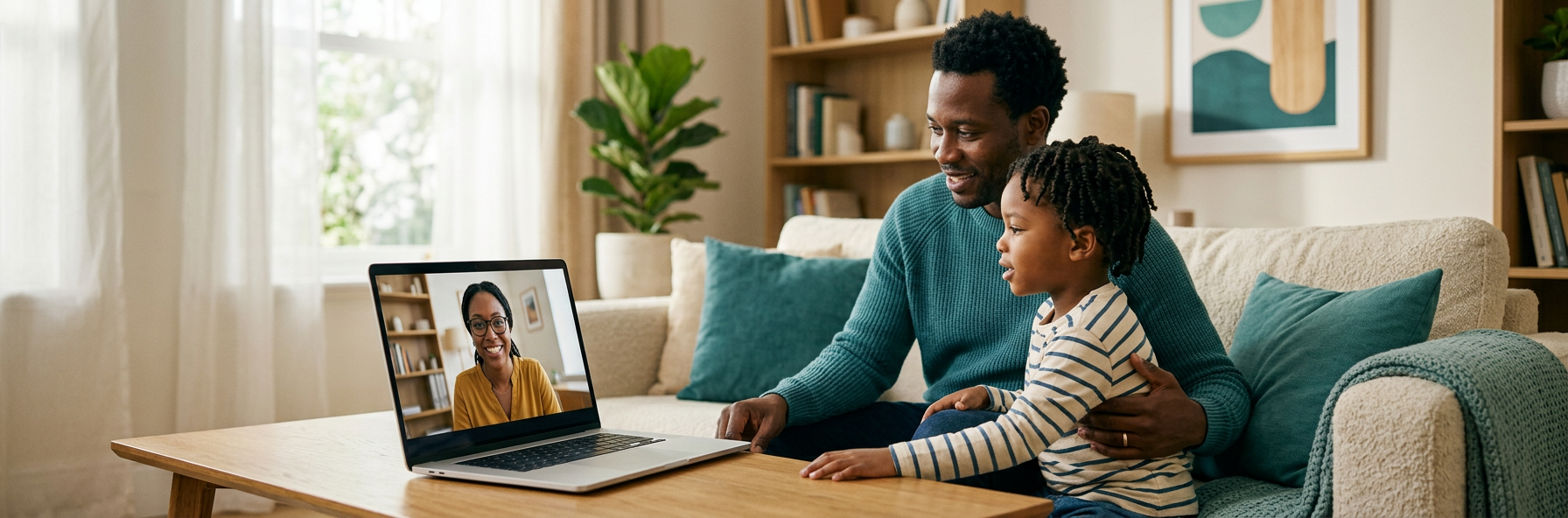 Father sitting with his son on the couch during a telehealth speech therapy session, with their therapist visible on the laptop screen