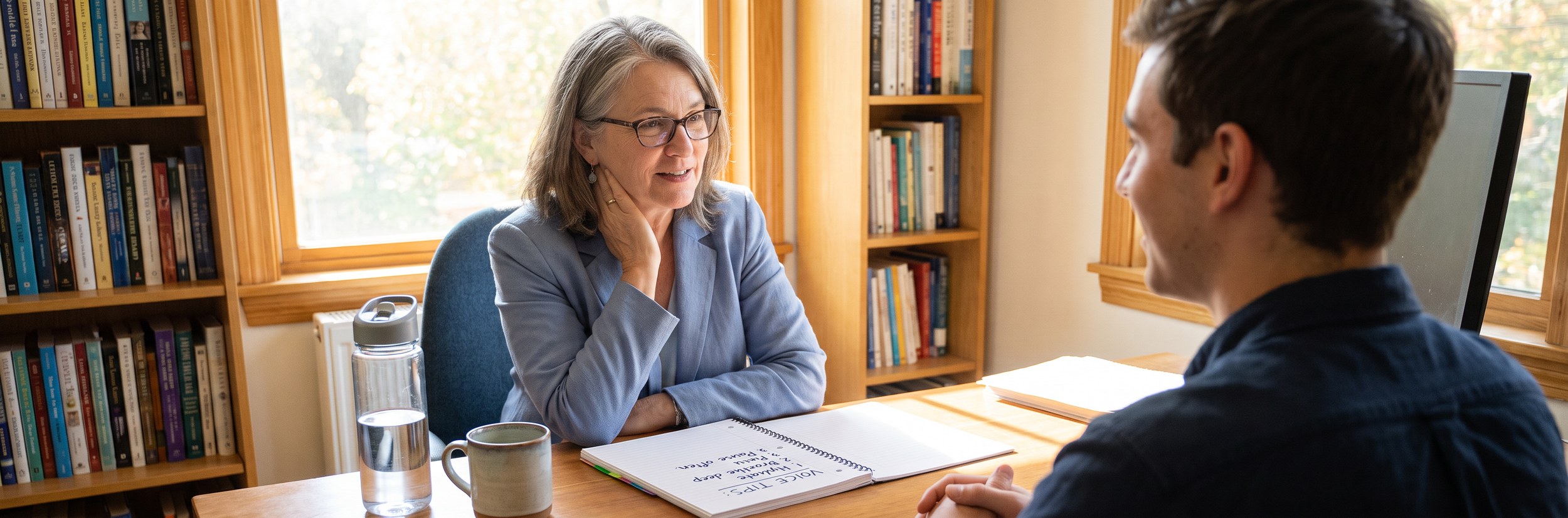 Professional woman engaged in workplace communication consultation or speech coaching session