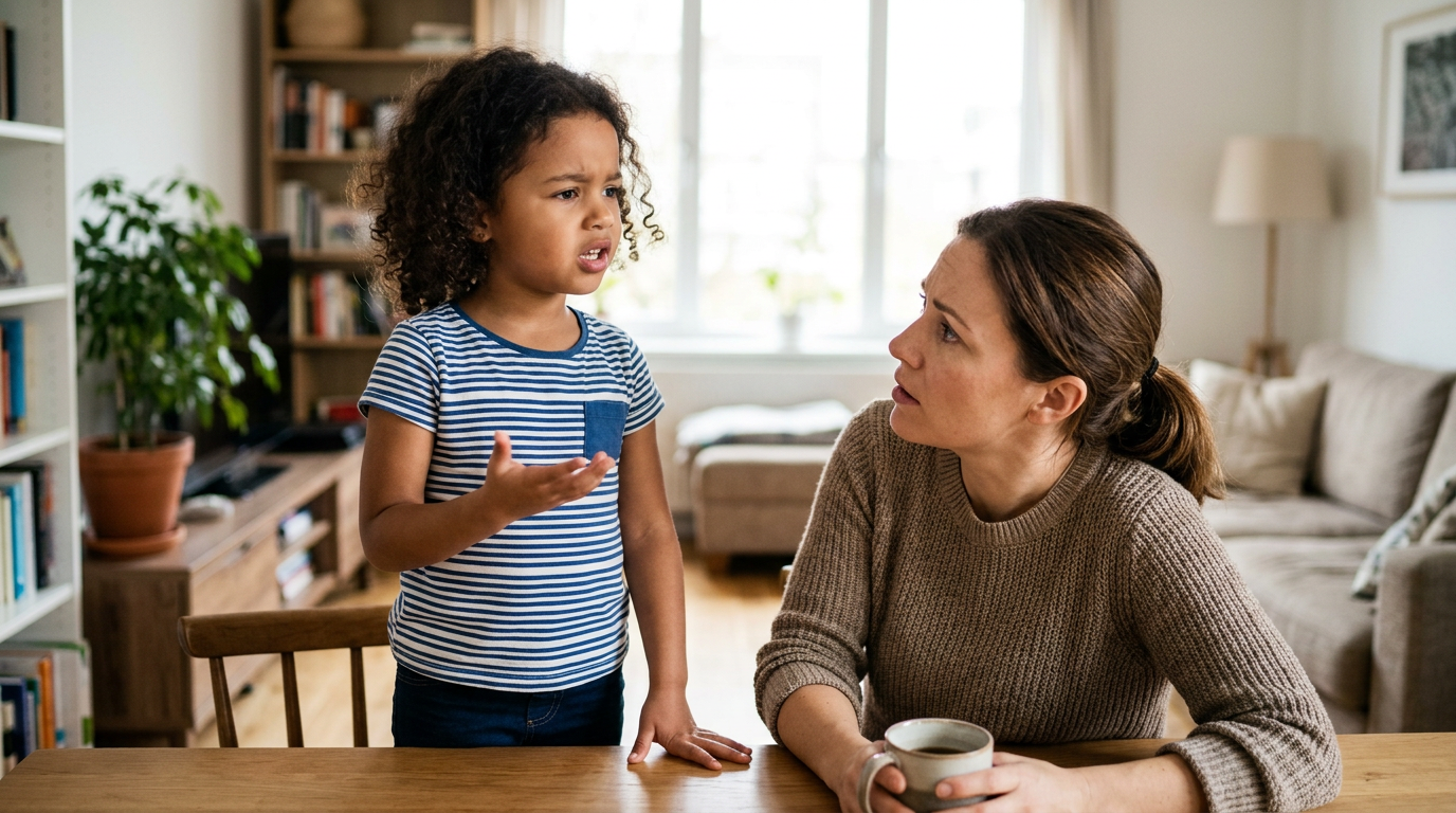Speech therapist consulting with young child about speech concerns