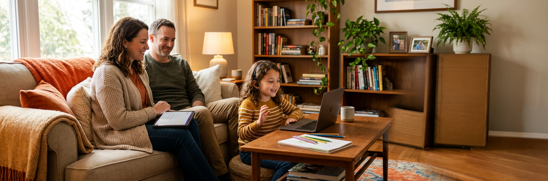 Parents and child sitting together on couch participating in telehealth speech therapy session with tablet