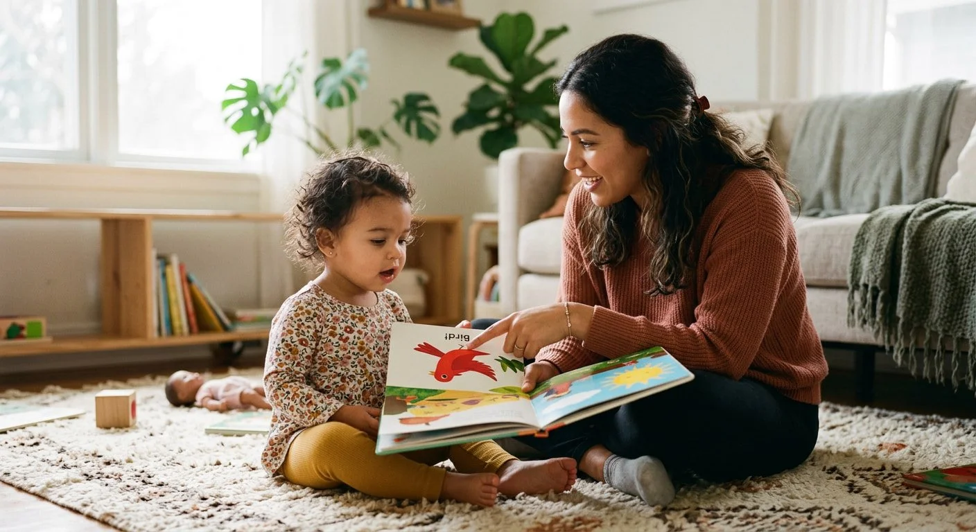 Parent reading a picture book with a toddler to encourage early words at home