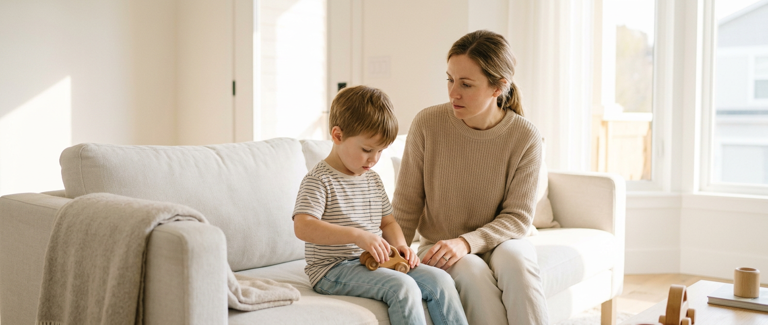 Mother sitting with her young son on the couch during a calm conversation