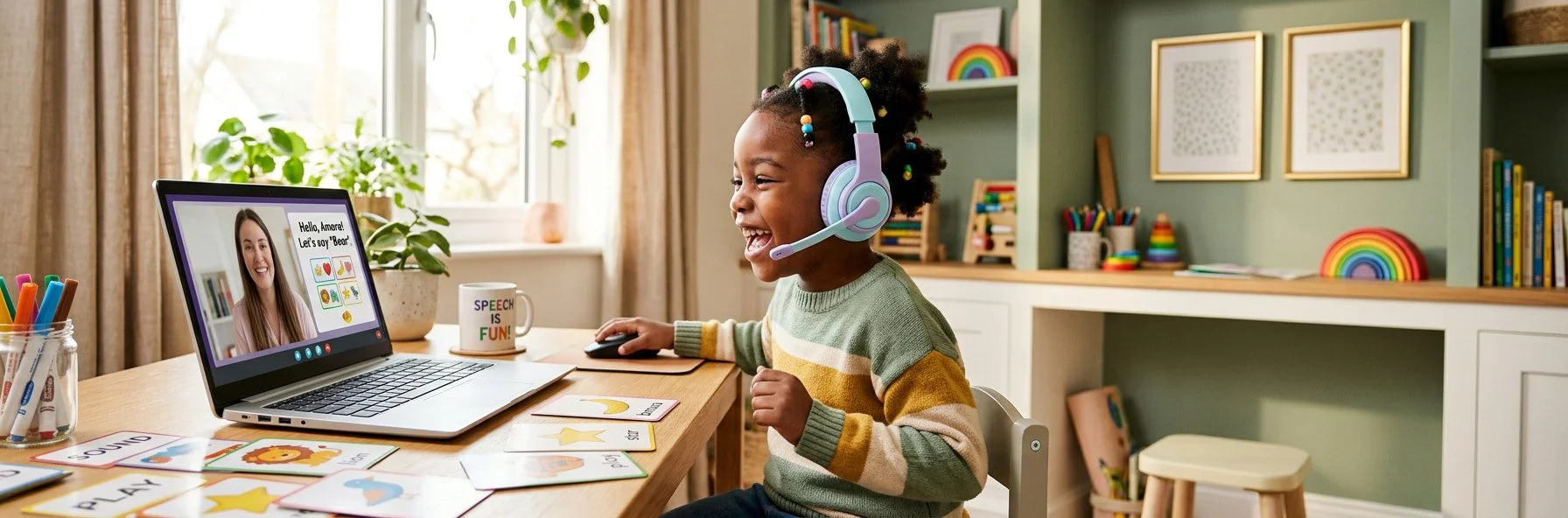 Young girl with a headset laughing during a telehealth articulation therapy session, with picture cards on the table